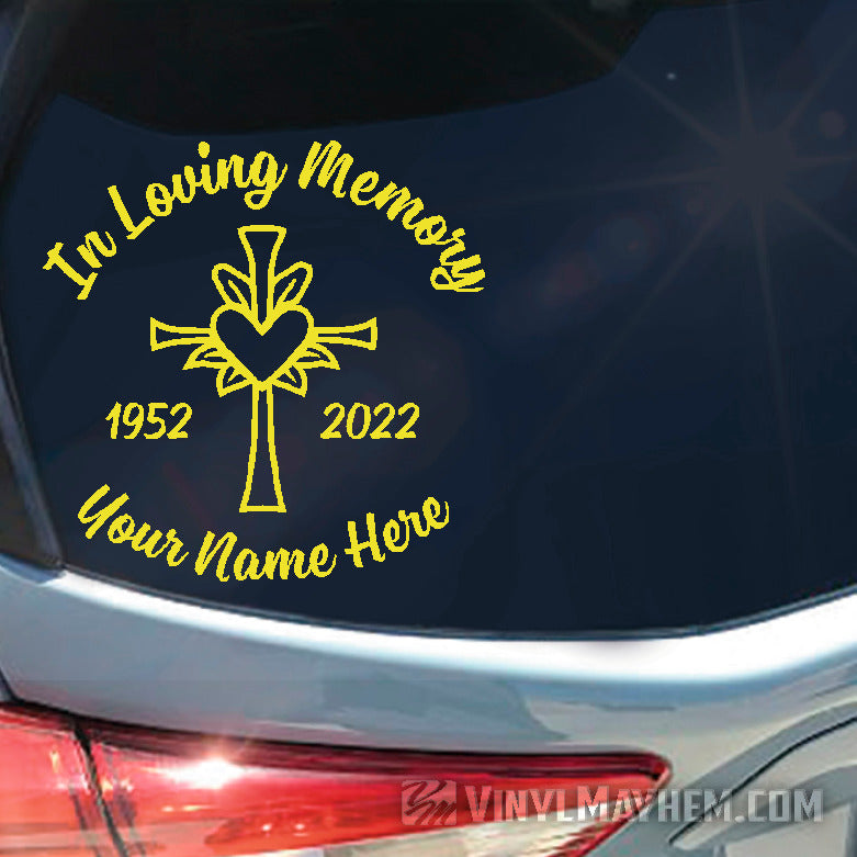 In loving Memory with cross and heart add custom text vinyl sticker