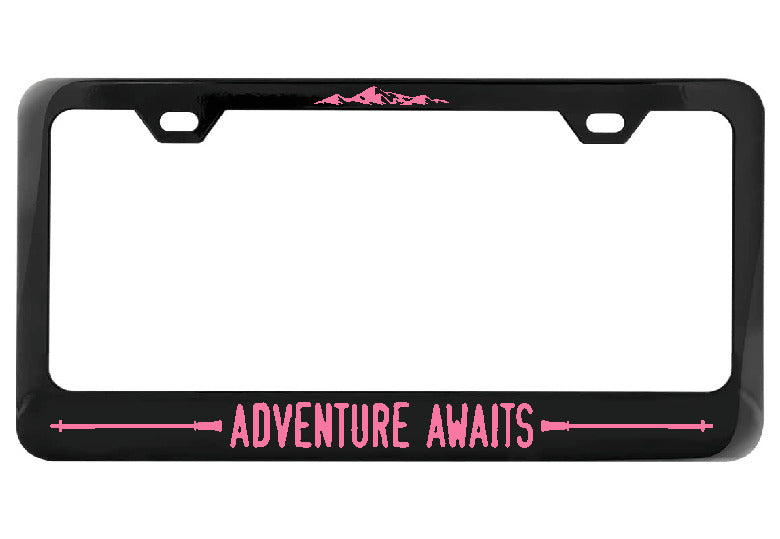 Adventure Awaits Hiking Poles black license plate frame