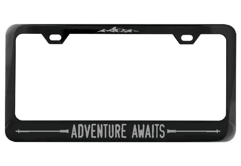 Adventure Awaits Hiking Poles black license plate frame