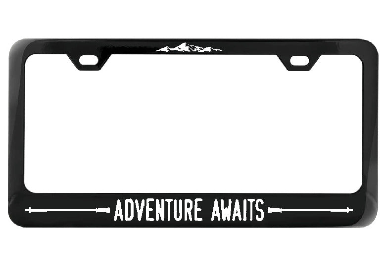 Adventure Awaits Hiking Poles black license plate frame