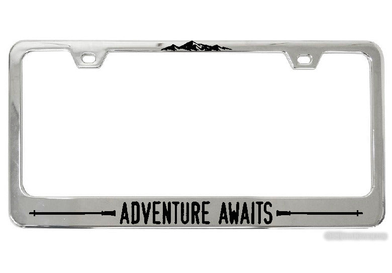 Adventure Awaits Hiking Poles chrome license plate frame