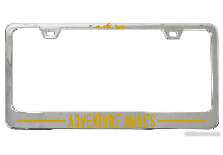 Adventure Awaits Hiking Poles chrome license plate frame