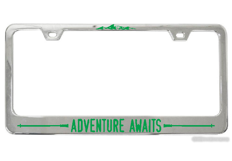 Adventure Awaits Hiking Poles chrome license plate frame