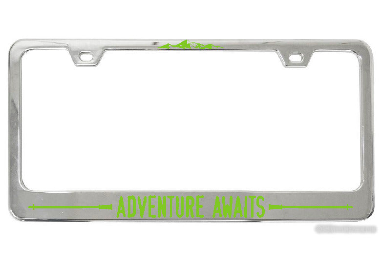 Adventure Awaits Hiking Poles chrome license plate frame