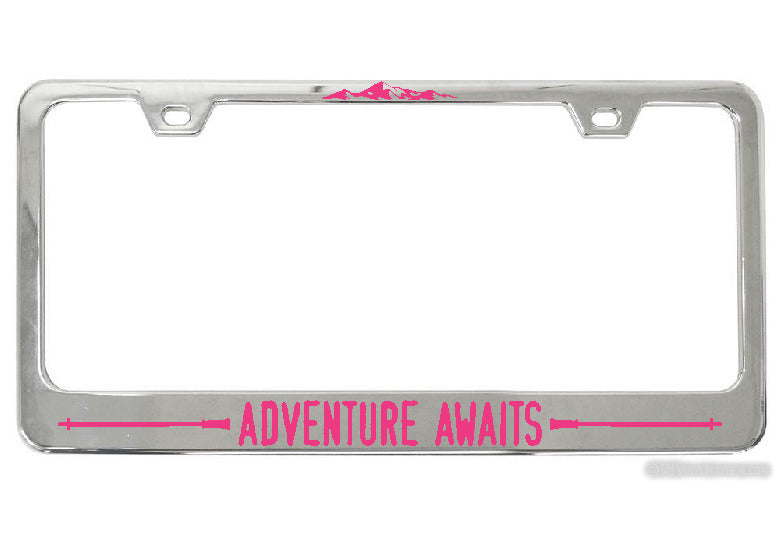 Adventure Awaits Hiking Poles chrome license plate frame