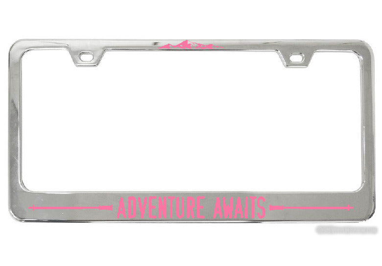 Adventure Awaits Hiking Poles chrome license plate frame