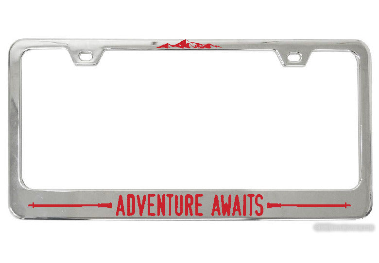 Adventure Awaits Hiking Poles chrome license plate frame