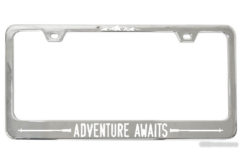 Adventure Awaits Hiking Poles chrome license plate frame