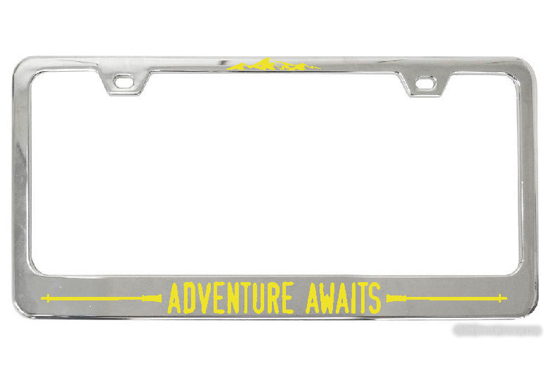Adventure Awaits Hiking Poles chrome license plate frame