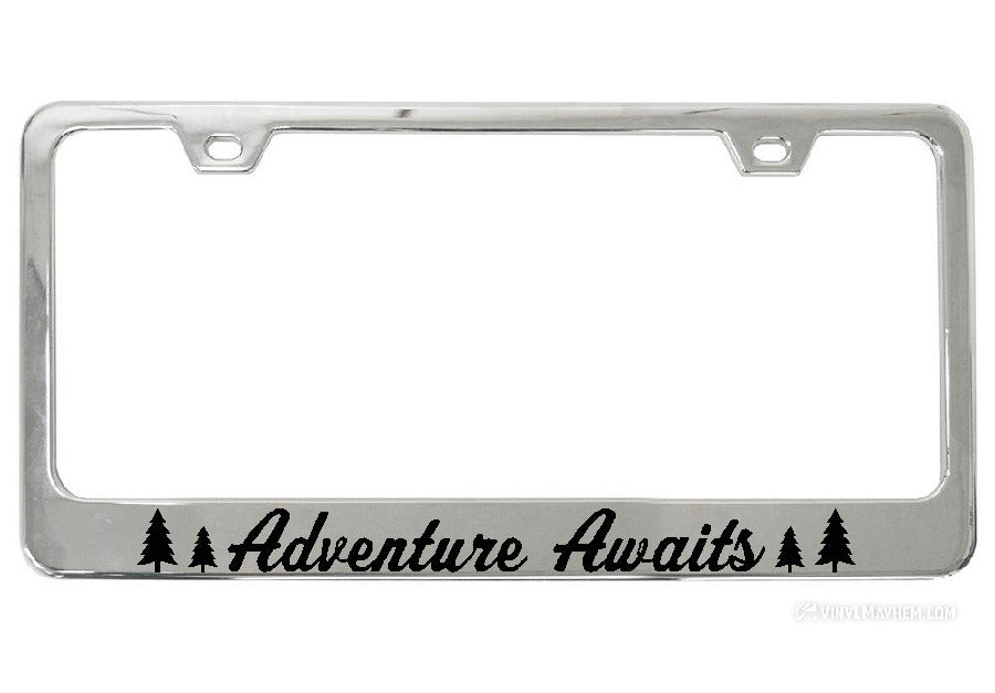 Adventure Awaits Pine Tree Silhouettes Chrome License Plate Frame