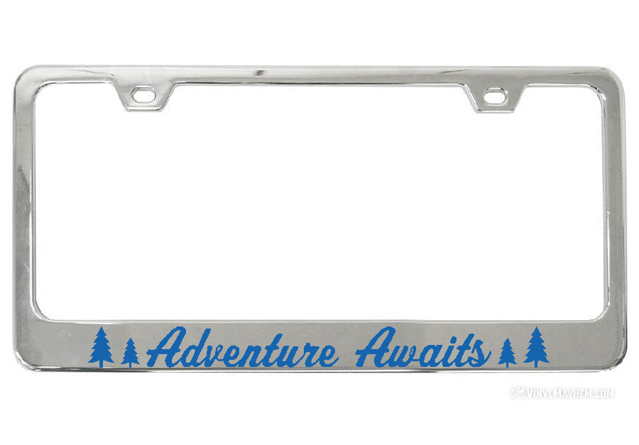 Adventure Awaits Pine Tree Silhouettes Chrome License Plate Frame