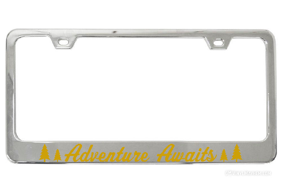 Adventure Awaits Pine Tree Silhouettes Chrome License Plate Frame