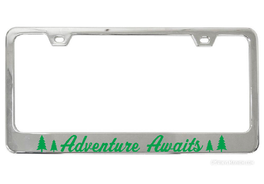 Adventure Awaits Pine Tree Silhouettes Chrome License Plate Frame