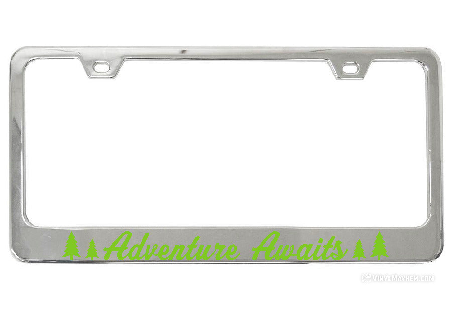Adventure Awaits Pine Tree Silhouettes Chrome License Plate Frame
