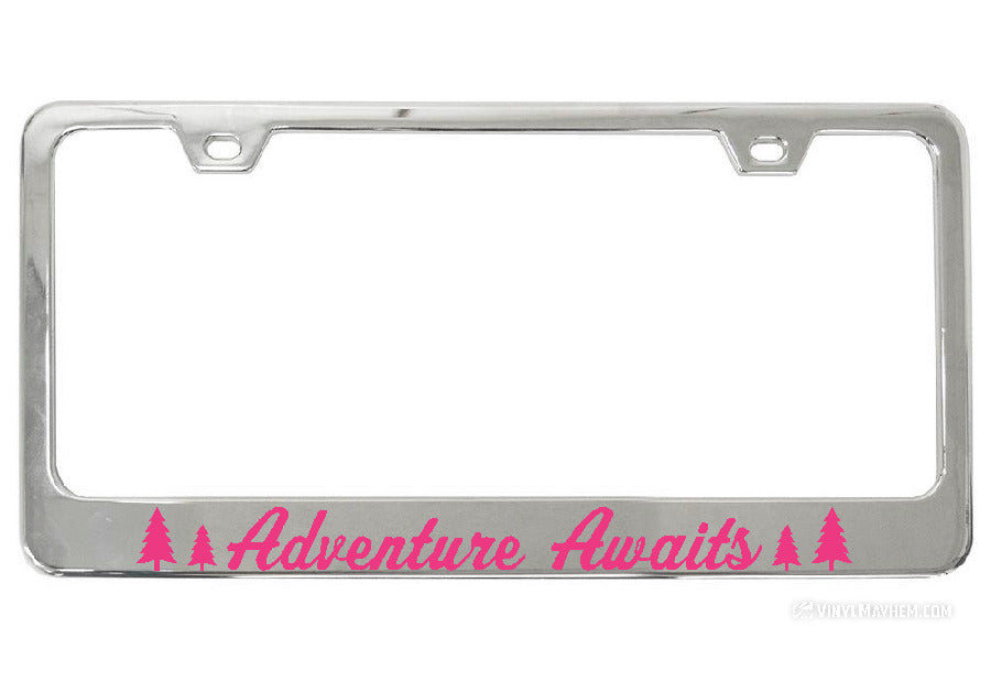 Adventure Awaits Pine Tree Silhouettes Chrome License Plate Frame