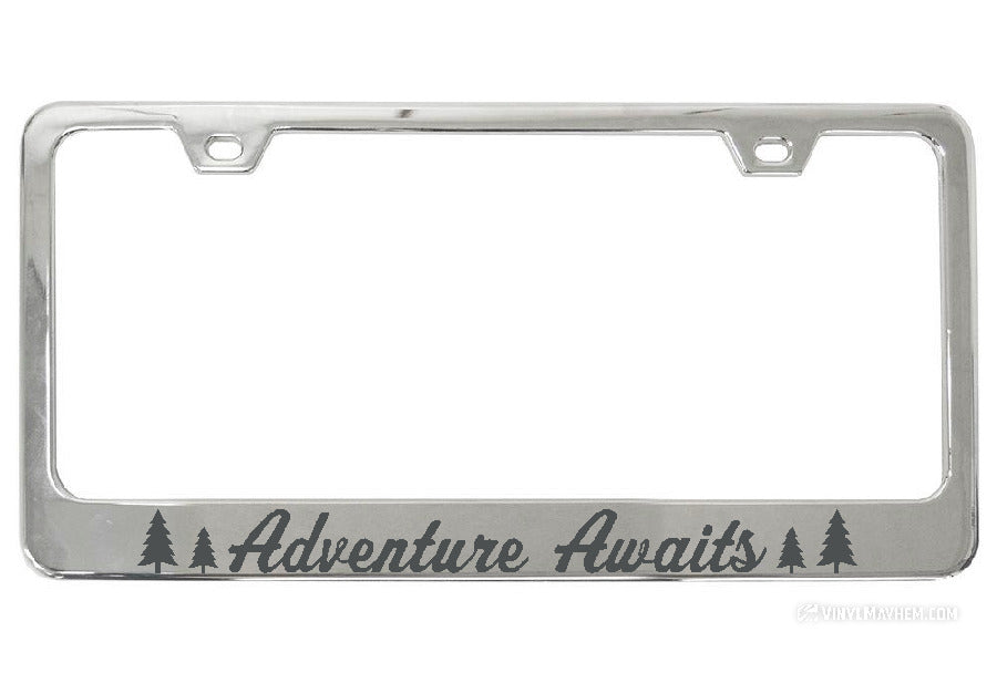 Adventure Awaits Pine Tree Silhouettes Chrome License Plate Frame