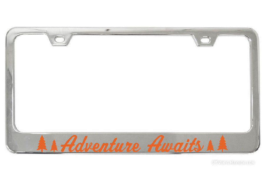Adventure Awaits Pine Tree Silhouettes Chrome License Plate Frame