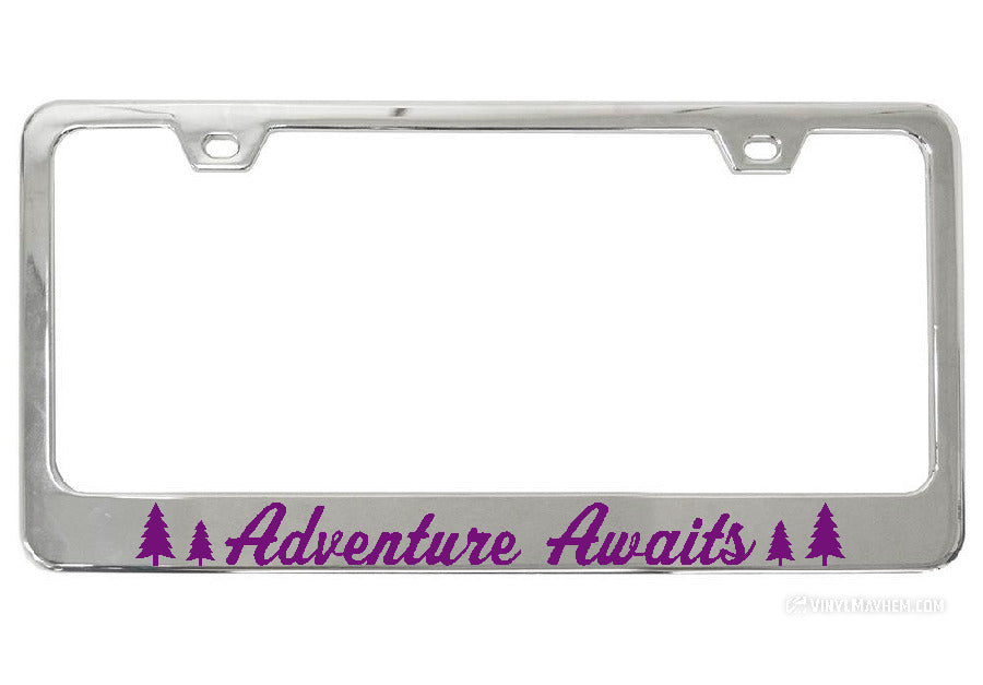 Adventure Awaits Pine Tree Silhouettes Chrome License Plate Frame