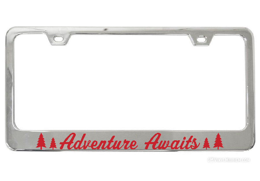 Adventure Awaits Pine Tree Silhouettes Chrome License Plate Frame