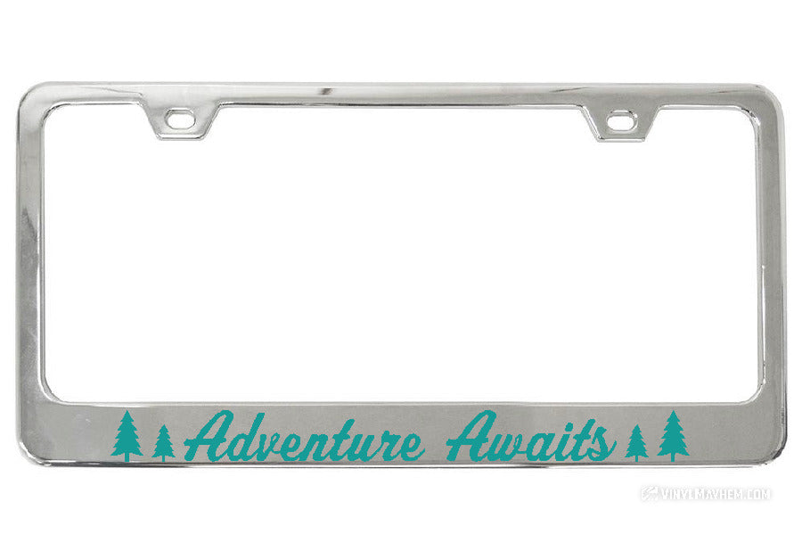 Adventure Awaits Pine Tree Silhouettes Chrome License Plate Frame