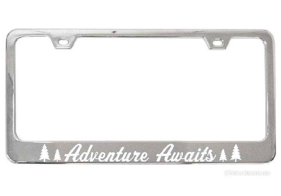 Adventure Awaits Pine Tree Silhouettes Chrome License Plate Frame