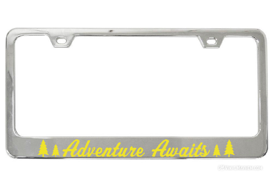Adventure Awaits Pine Tree Silhouettes Chrome License Plate Frame
