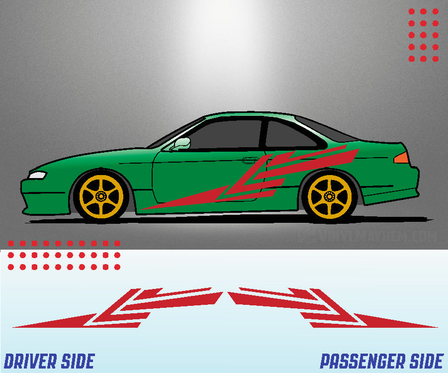 Green car with red and yellow design on a gray background