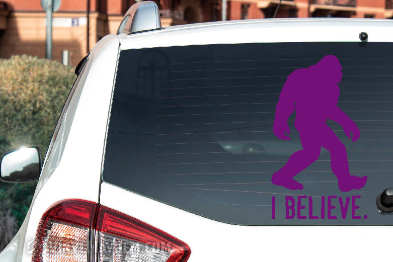 Sasquatch Silhouette I Believe Vinyl Sticker Bigfoot Decals 10.25 x 18 Purple
