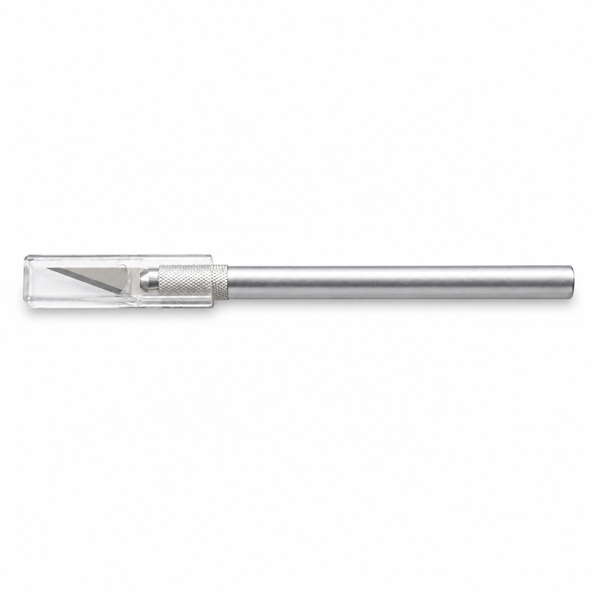 A silver metal craft knife with a clear plastic blade cover and a knurled textured handle, shown horizontally on a plain white background.