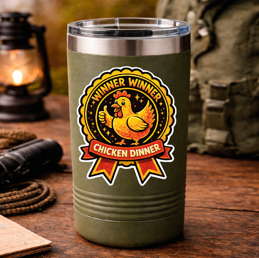 Green tumbler with 'Winner Winner Chicken Dinner' logo on a wooden surface.