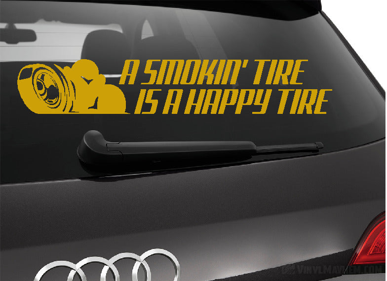 A Smokin&#39; Tire is a Happy Tire vinyl sticker