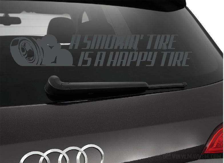 A Smokin&#39; Tire is a Happy Tire vinyl sticker