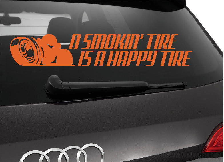 A Smokin&#39; Tire is a Happy Tire vinyl sticker