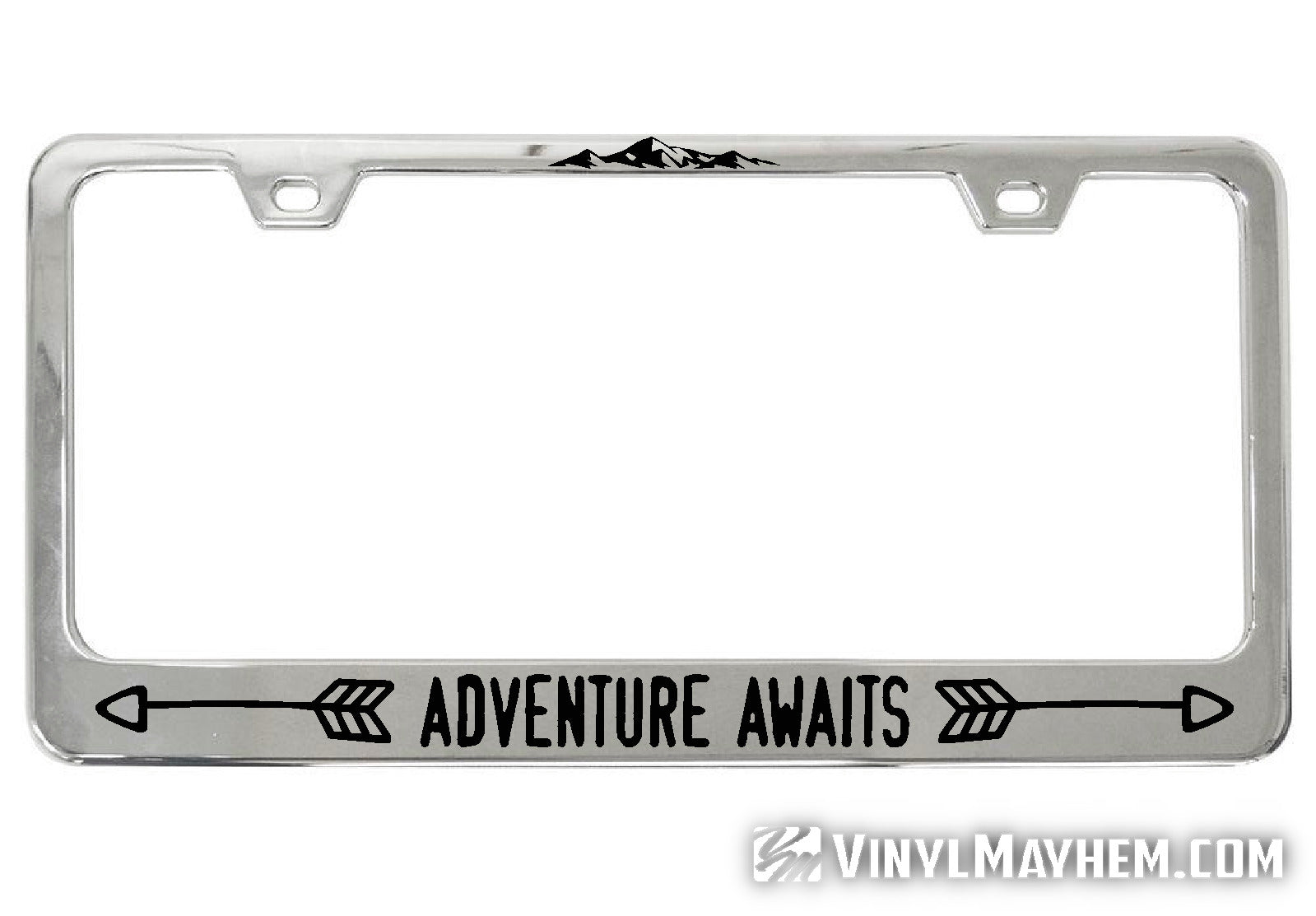 Adventure Awaits chrome license plate frame