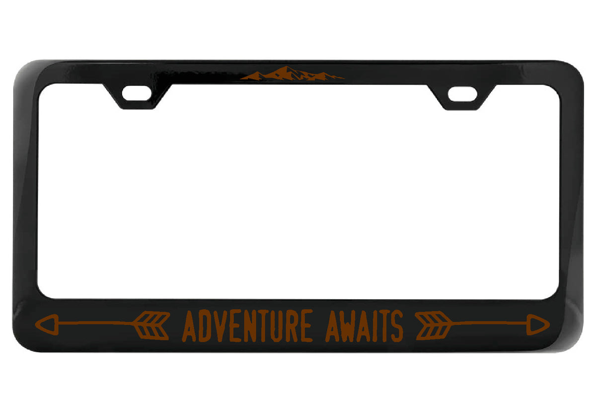 Adventure Awaits black license plate frame