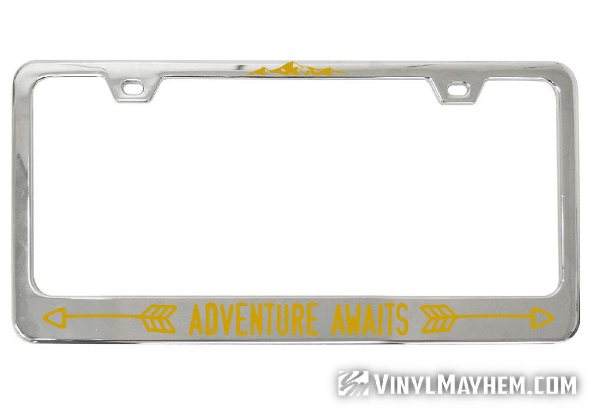 Adventure Awaits chrome license plate frame