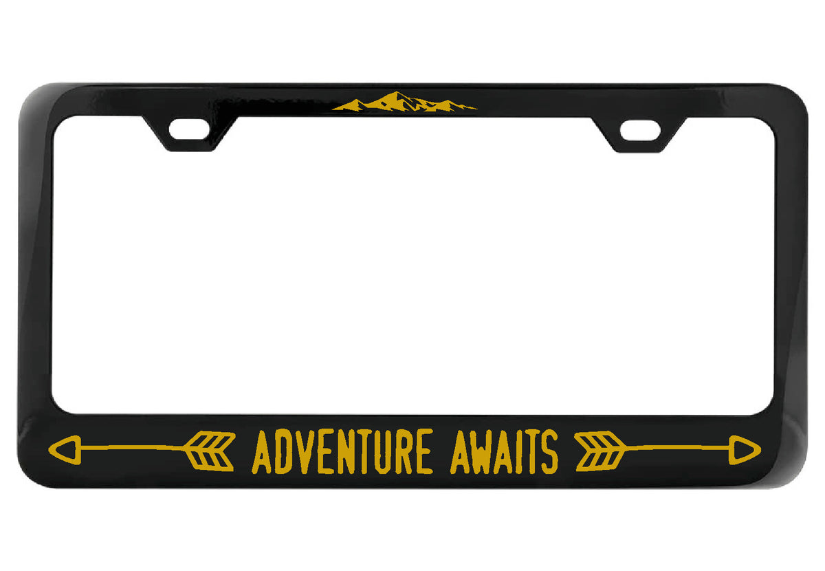 Adventure Awaits black license plate frame