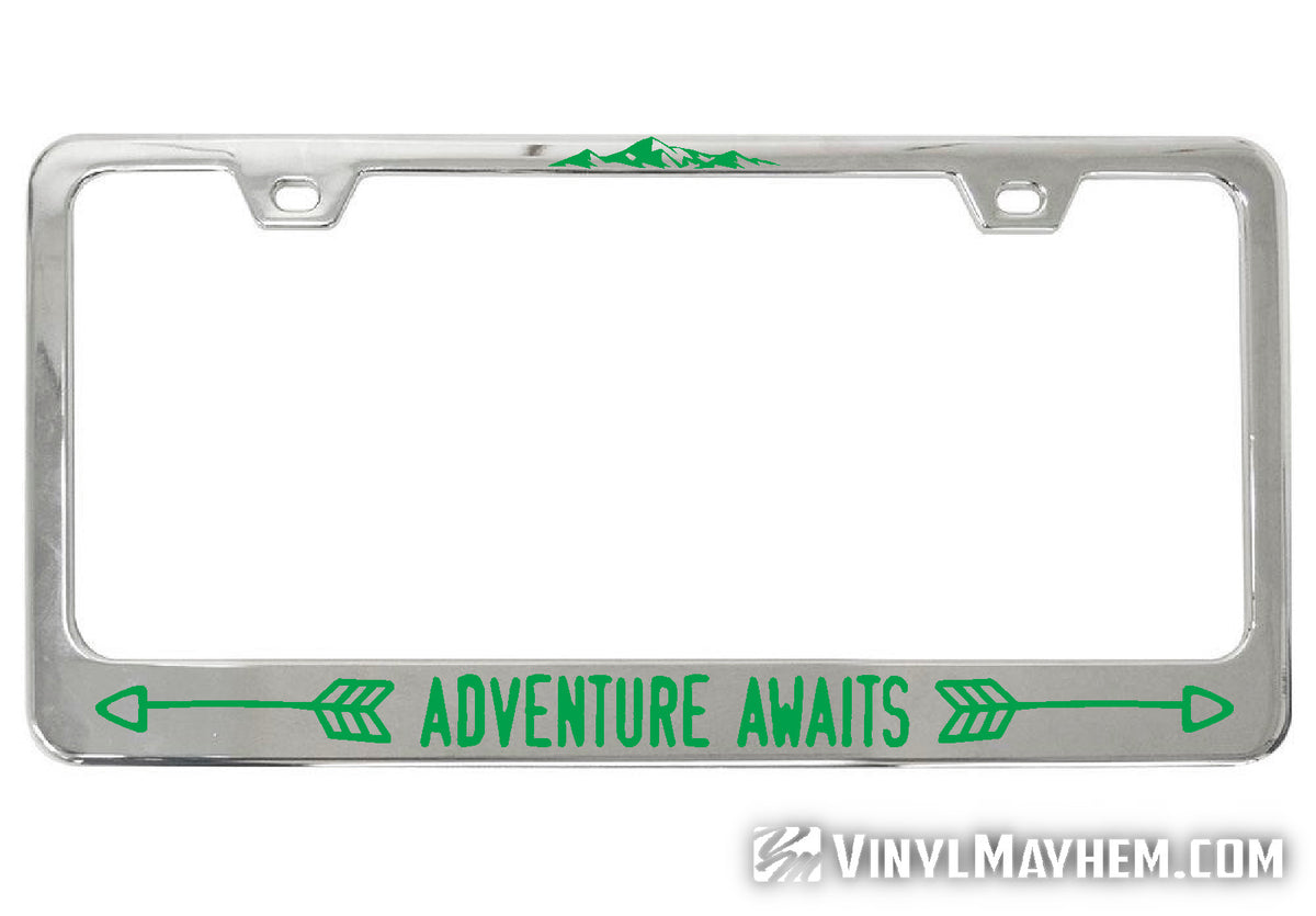 Adventure Awaits chrome license plate frame
