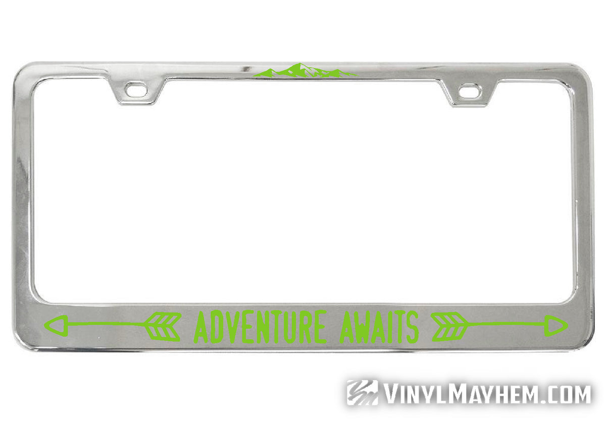 Adventure Awaits chrome license plate frame