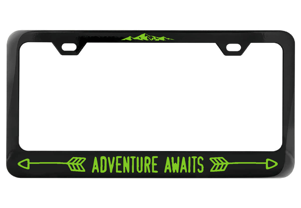 Adventure Awaits black license plate frame