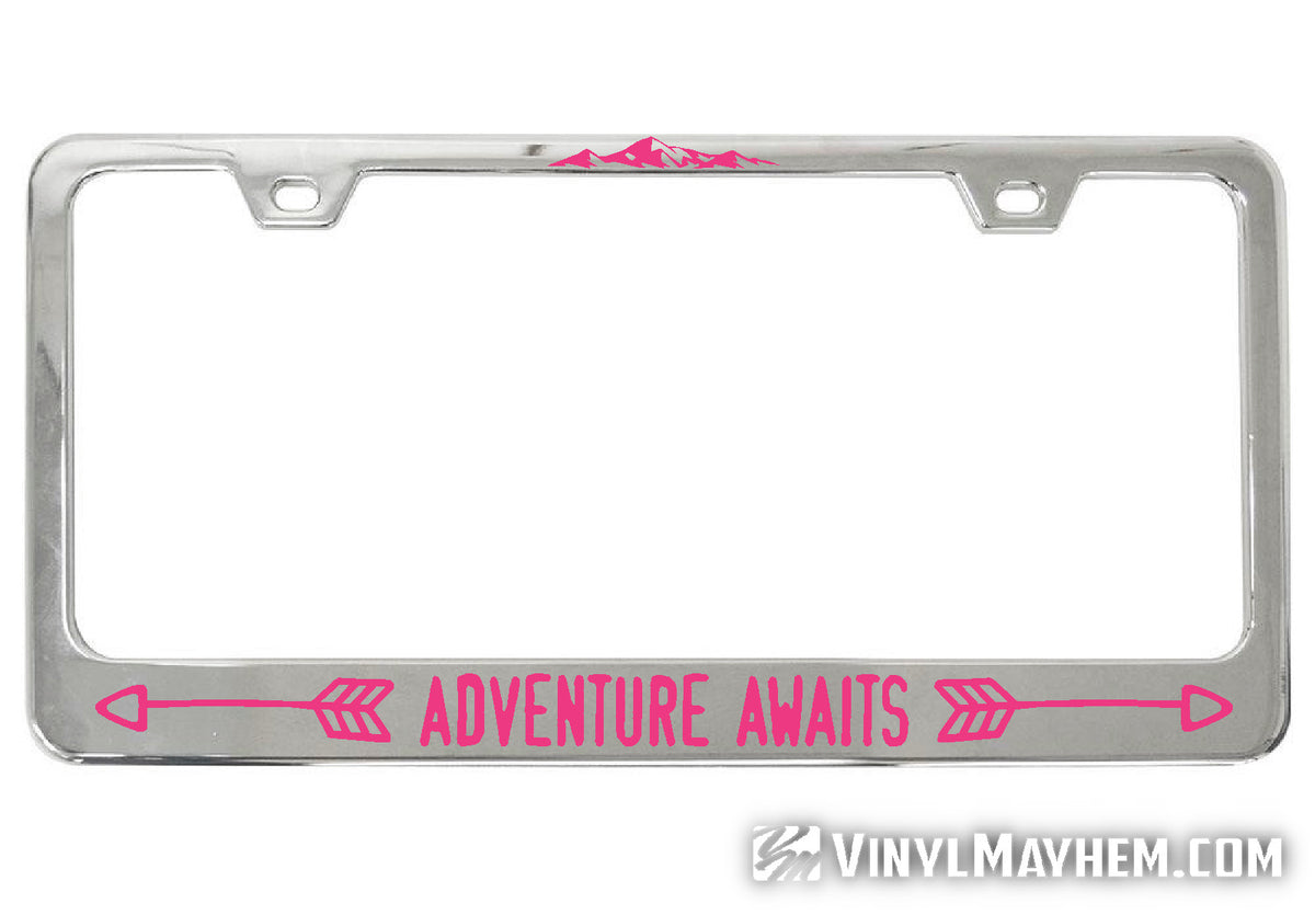 Adventure Awaits chrome license plate frame