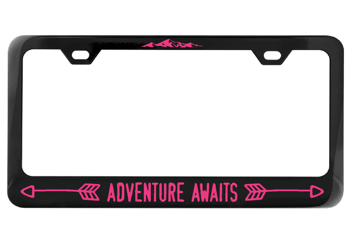 Adventure Awaits black license plate frame