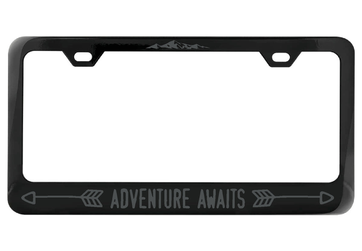 Adventure Awaits black license plate frame