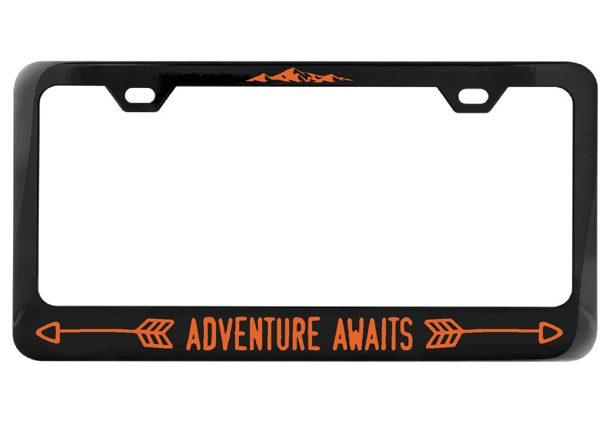 Adventure Awaits black license plate frame