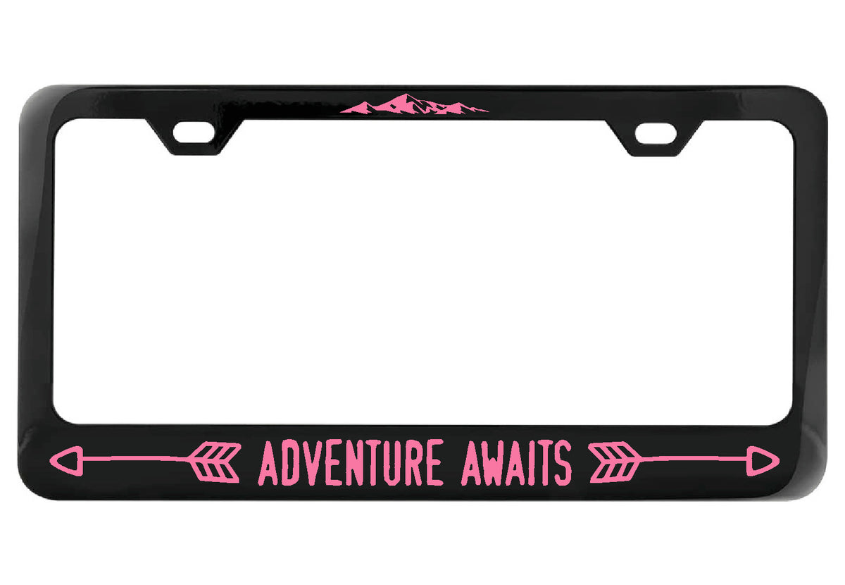Adventure Awaits black license plate frame
