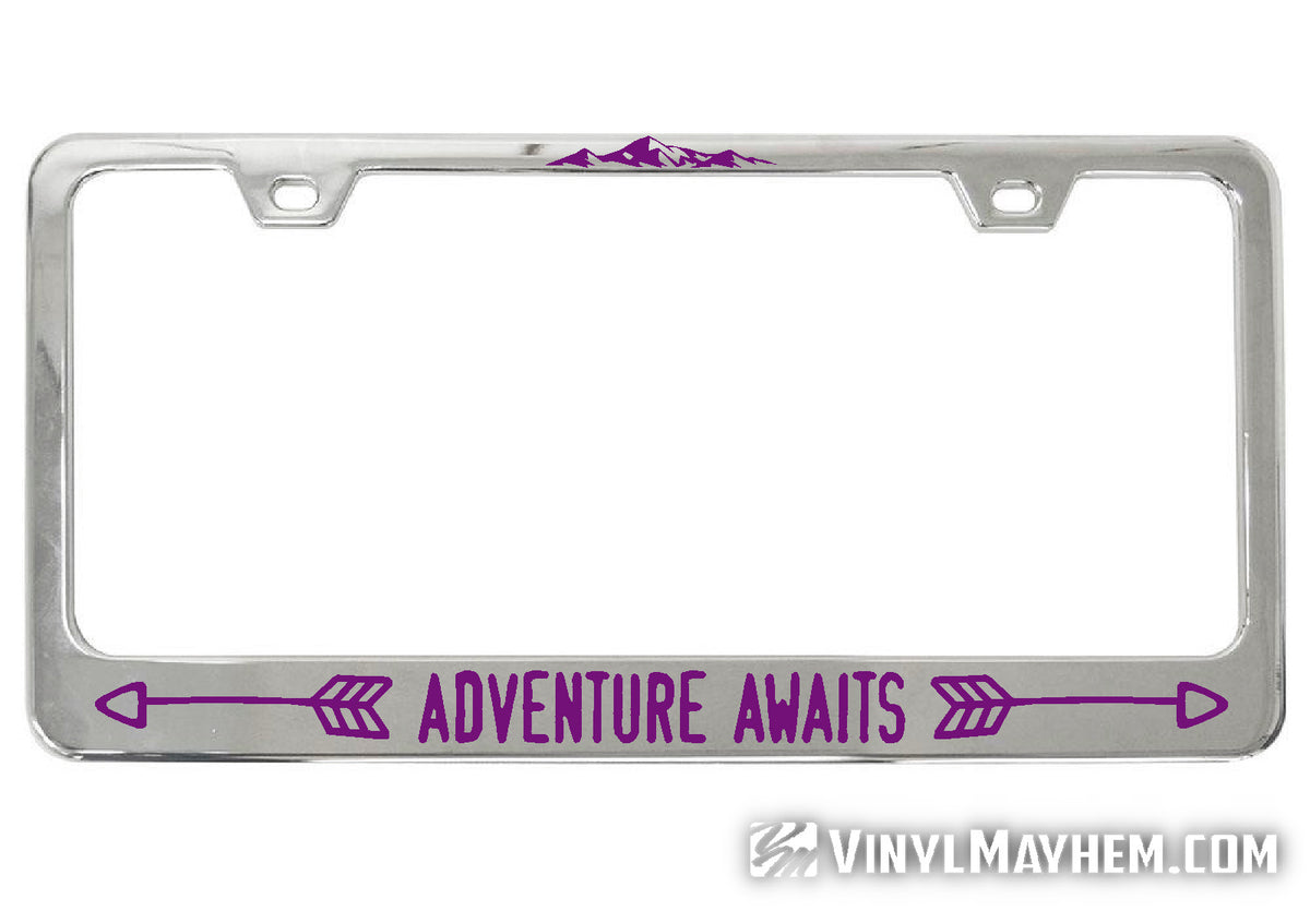 Adventure Awaits chrome license plate frame