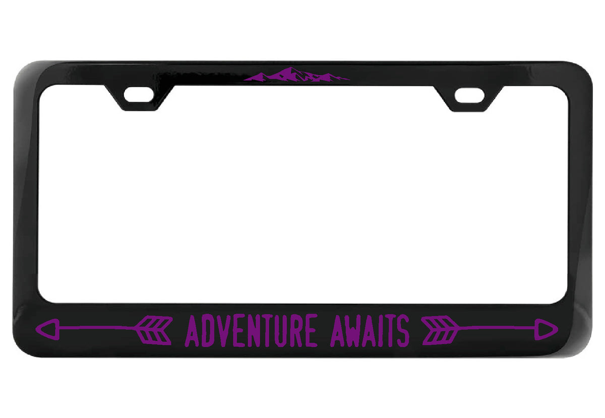 Adventure Awaits black license plate frame
