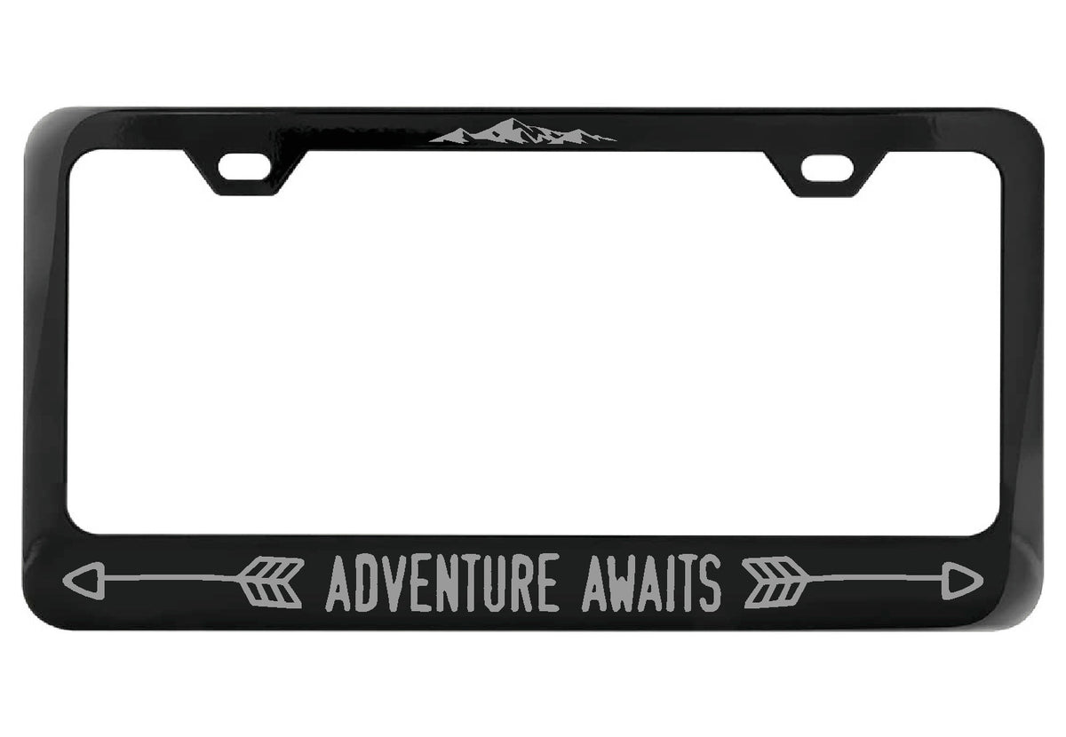 Adventure Awaits black license plate frame