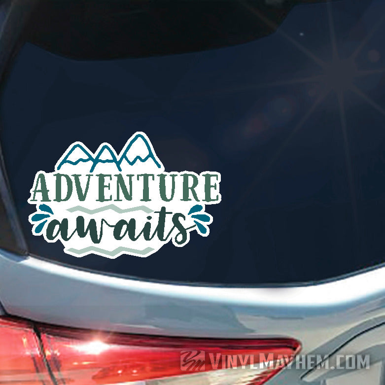 Adventure Awaits with mountains and water sticker
