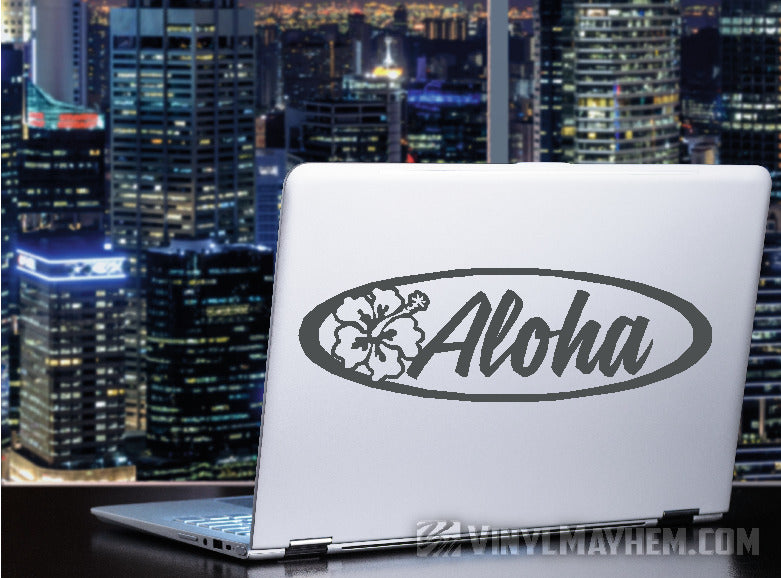 Aloha Hibiscus Flower script oval vinyl stickers